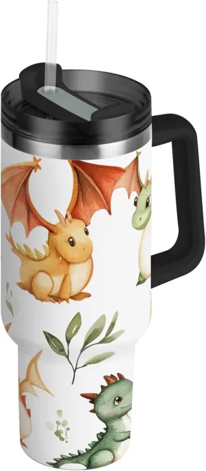 xigua 40 oz Cute Baby Dragons Tumbler with Handle and Straw Lid, Stainless Steel Vacuum Insulated Sports Water Bottle, Keeps Cold or Hot Coffee Cup Travel Mug