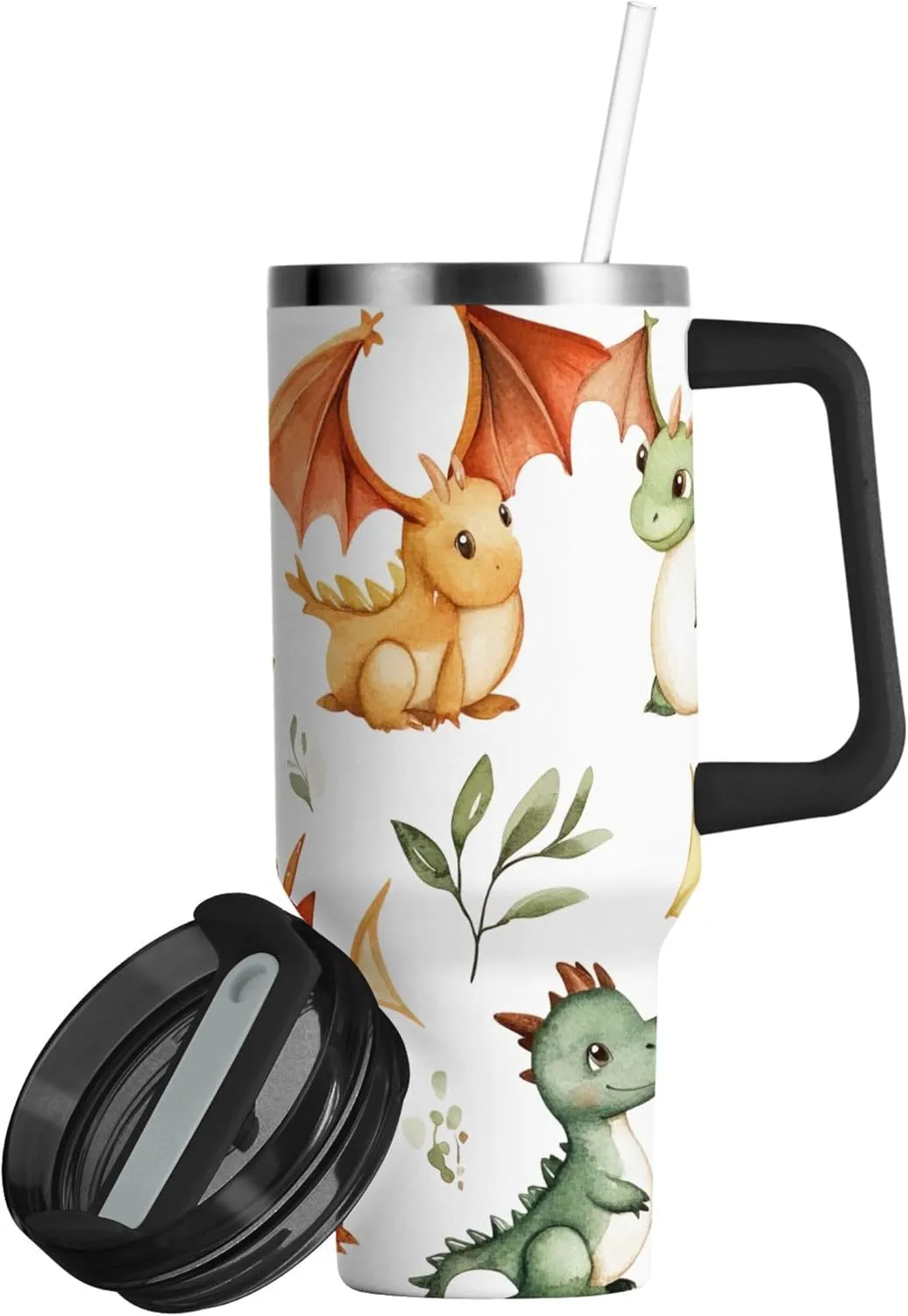 xigua 40 oz Cute Baby Dragons Tumbler with Handle and Straw Lid, Stainless Steel Vacuum Insulated Sports Water Bottle, Keeps Cold or Hot Coffee Cup Travel Mug