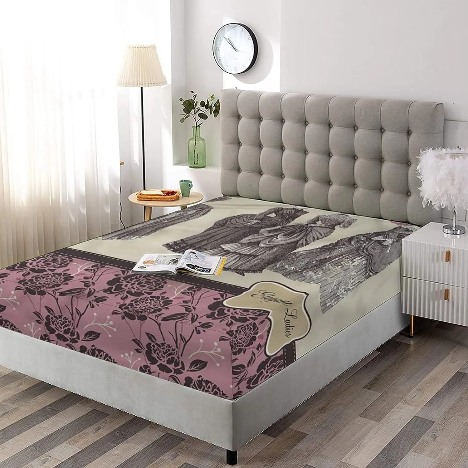 XISUNYA Decorative Bedding Sheet Set Cal-King Size, Victorian Deep Pockets Fitted Sheet & 2 Pillow Sham Set, Women Fashion Handbag Print Microfiber 3pc Bed Sheets Set, for Mattress (Deep: 5"-15")