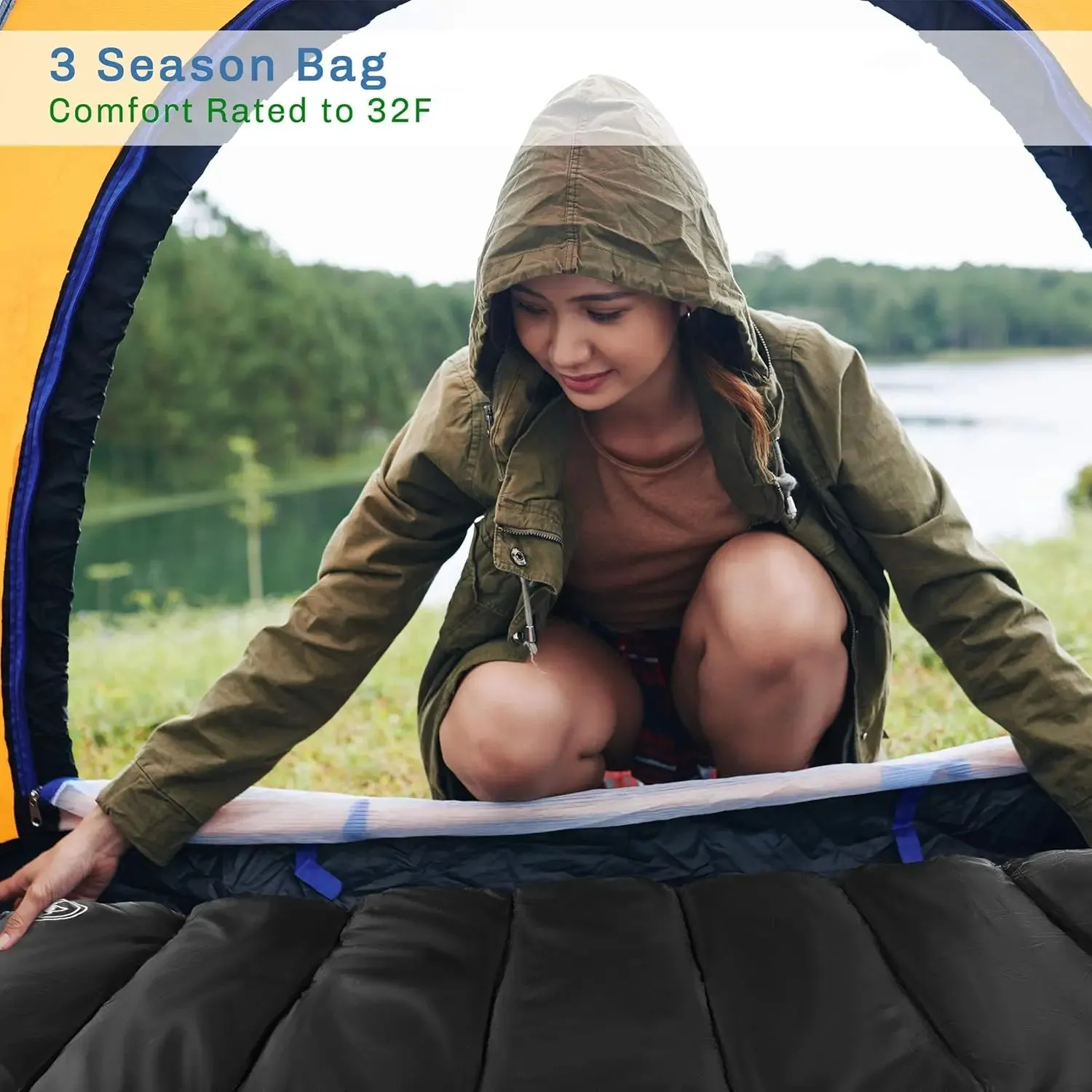 XL 3-Season Sleeping Bag with Hood - 32°F Comfort Rated for Backpacking, Hiking, and Camping