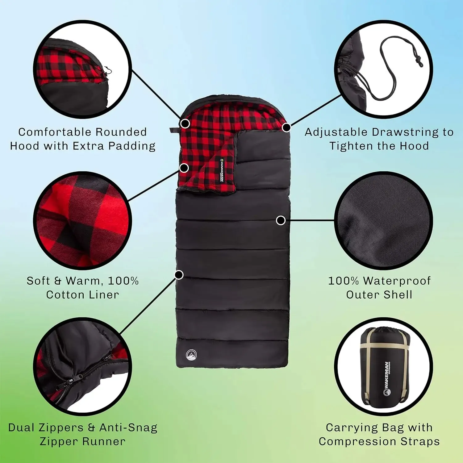 XL 3-Season Sleeping Bag with Hood - 32°F Comfort Rated for Backpacking, Hiking, and Camping