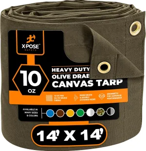 Xpose Safety Canvas Tarp - 10oz Olive Drab Canvas Tarps Heavy Duty Water Resistant with Brass Grommets- Multipurpose Outdoor Tarpaulin for Camping, Canopy, Trailer, Equipment Cover 14' x 14'
