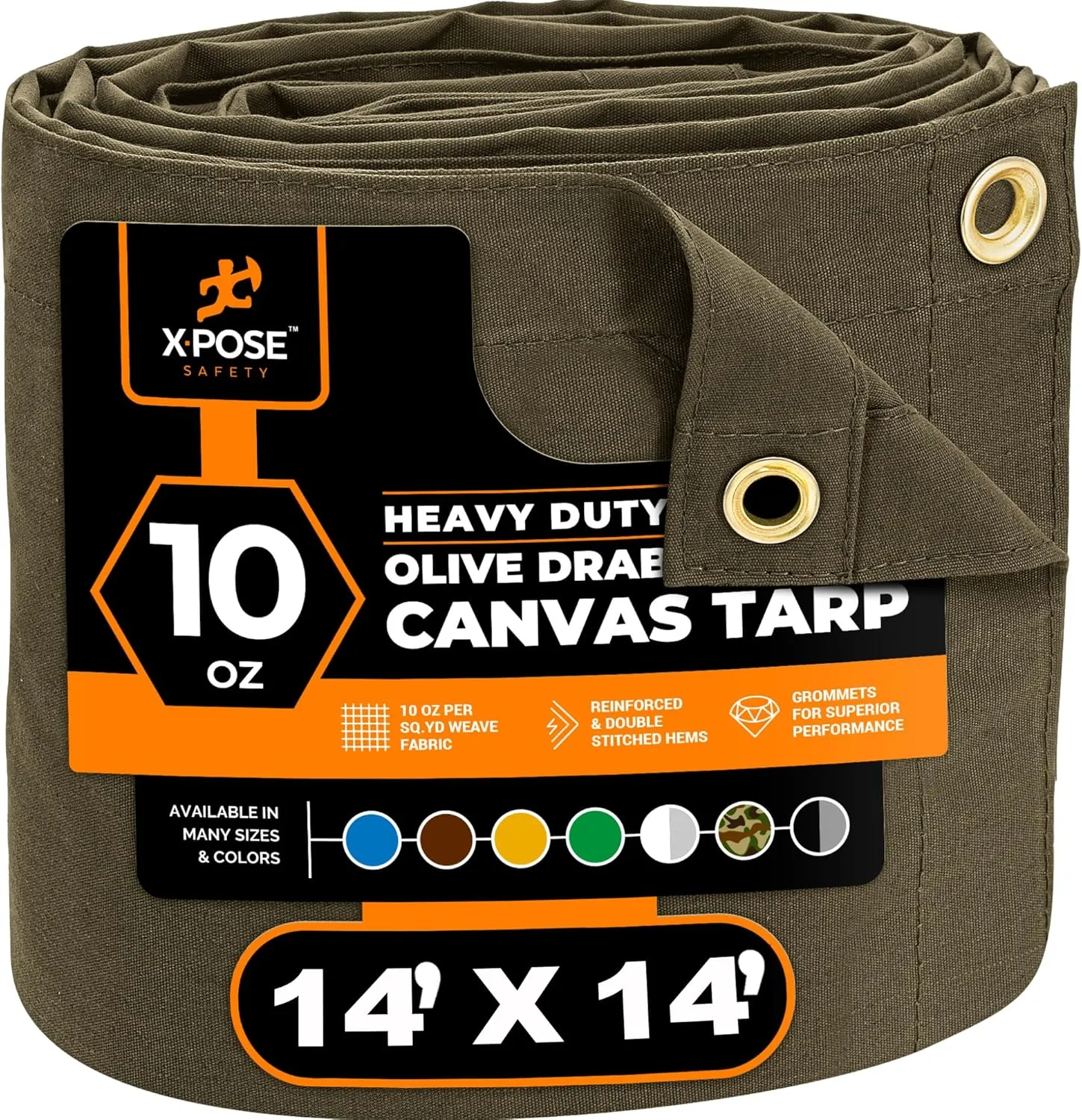 Xpose Safety Canvas Tarp - 10oz Olive Drab Canvas Tarps Heavy Duty Water Resistant with Brass Grommets- Multipurpose Outdoor Tarpaulin for Camping, Canopy, Trailer, Equipment Cover 14' x 14'