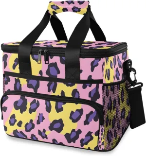 Yellow Purple Leopard Print Cooler Bag Insulated Cooler Soft Sided Cooler 24 Can Portable Picnic Bag Large Leakproof Lunch Bag Box for Beach Grocery Camping Travel Car Men Women