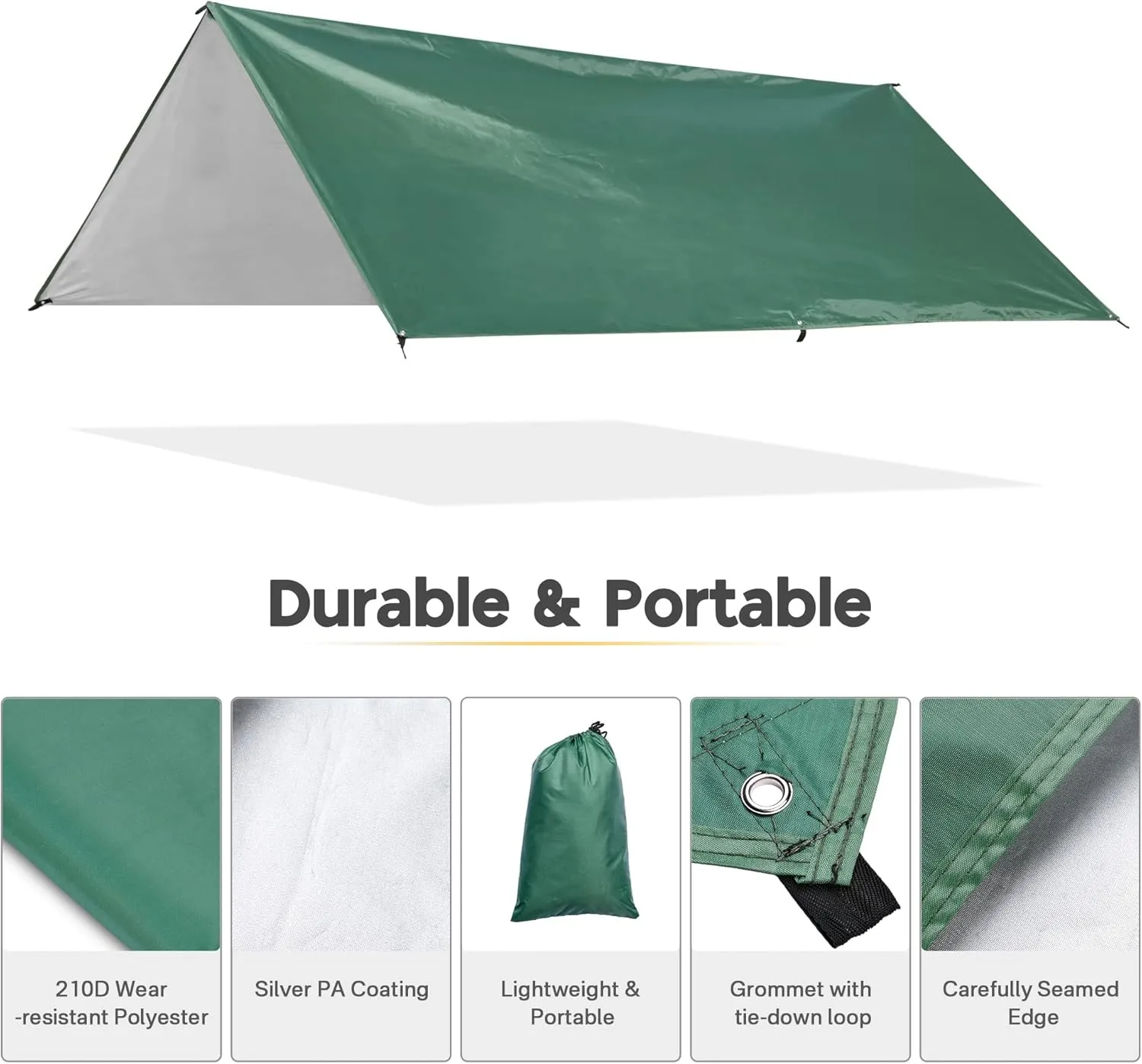 Yescom Hammock Rain Fly Waterproof Tent Tarp, 210D Oxford, UV Protection and PU3000mm Lightweight Shelter Canopy Including Accessories for Camping, Backpacking and Outdoor Adventure (Green-10x10FT)