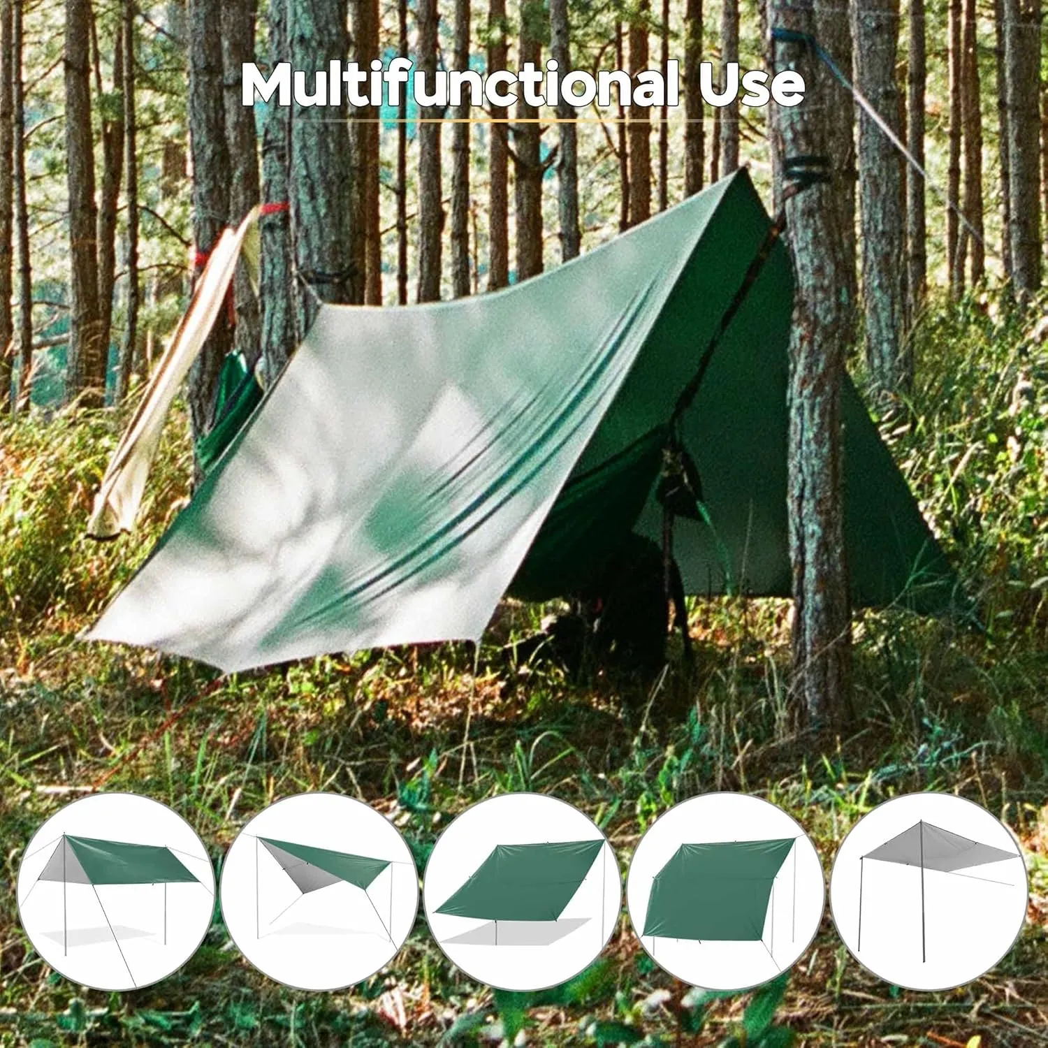 Yescom Hammock Rain Fly Waterproof Tent Tarp, 210D Oxford, UV Protection and PU3000mm Lightweight Shelter Canopy Including Accessories for Camping, Backpacking and Outdoor Adventure (Green-10x10FT)