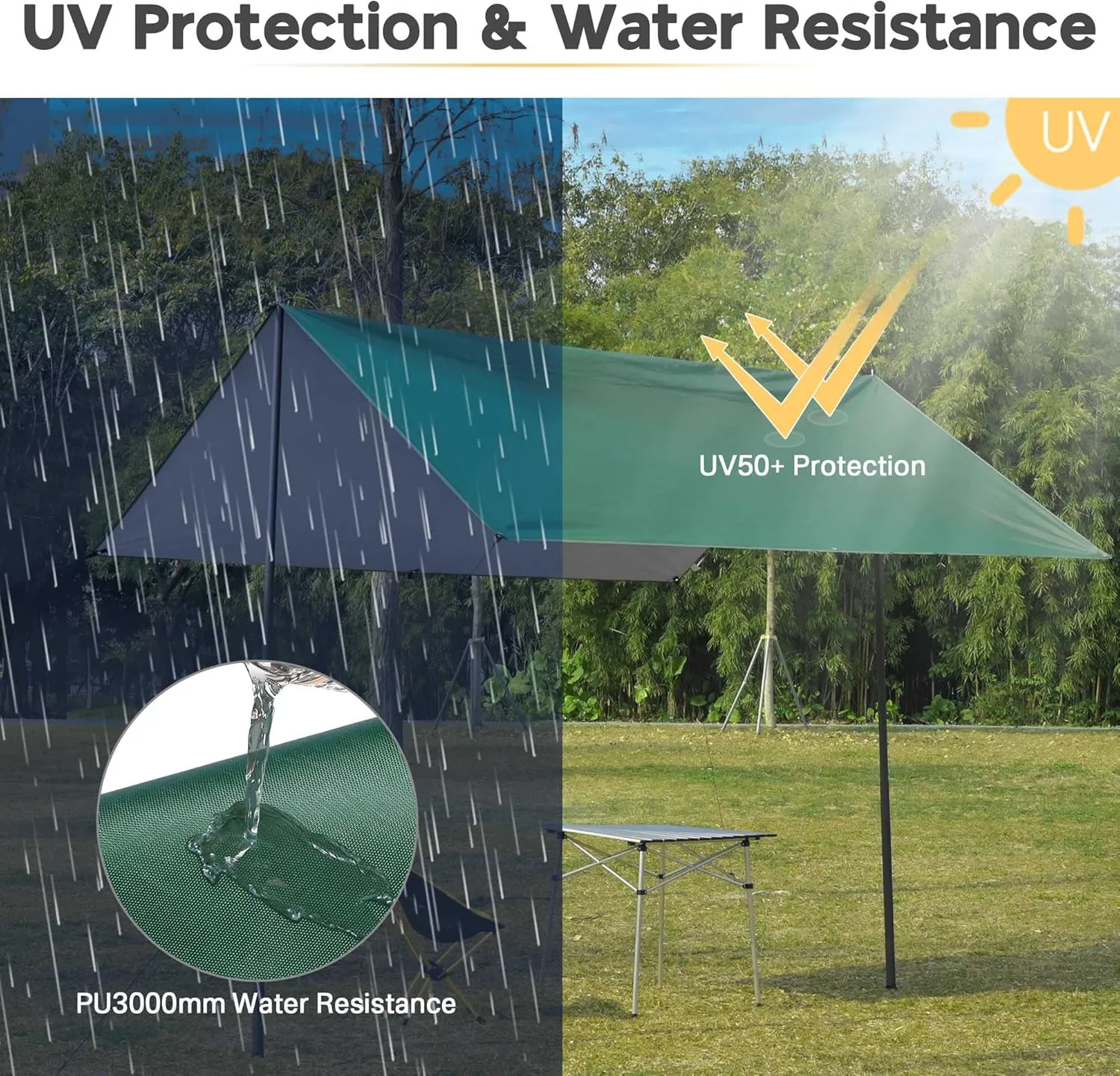 Yescom Hammock Rain Fly Waterproof Tent Tarp, 210D Oxford, UV Protection and PU3000mm Lightweight Shelter Canopy Including Accessories for Camping, Backpacking and Outdoor Adventure (Green-10x10FT)