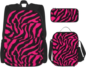 Zebra Tiger Leopard Pink Print Versatile Adjustable Shoulder Fashion Backpack Lunch Bag Pencil Case Large Capacity