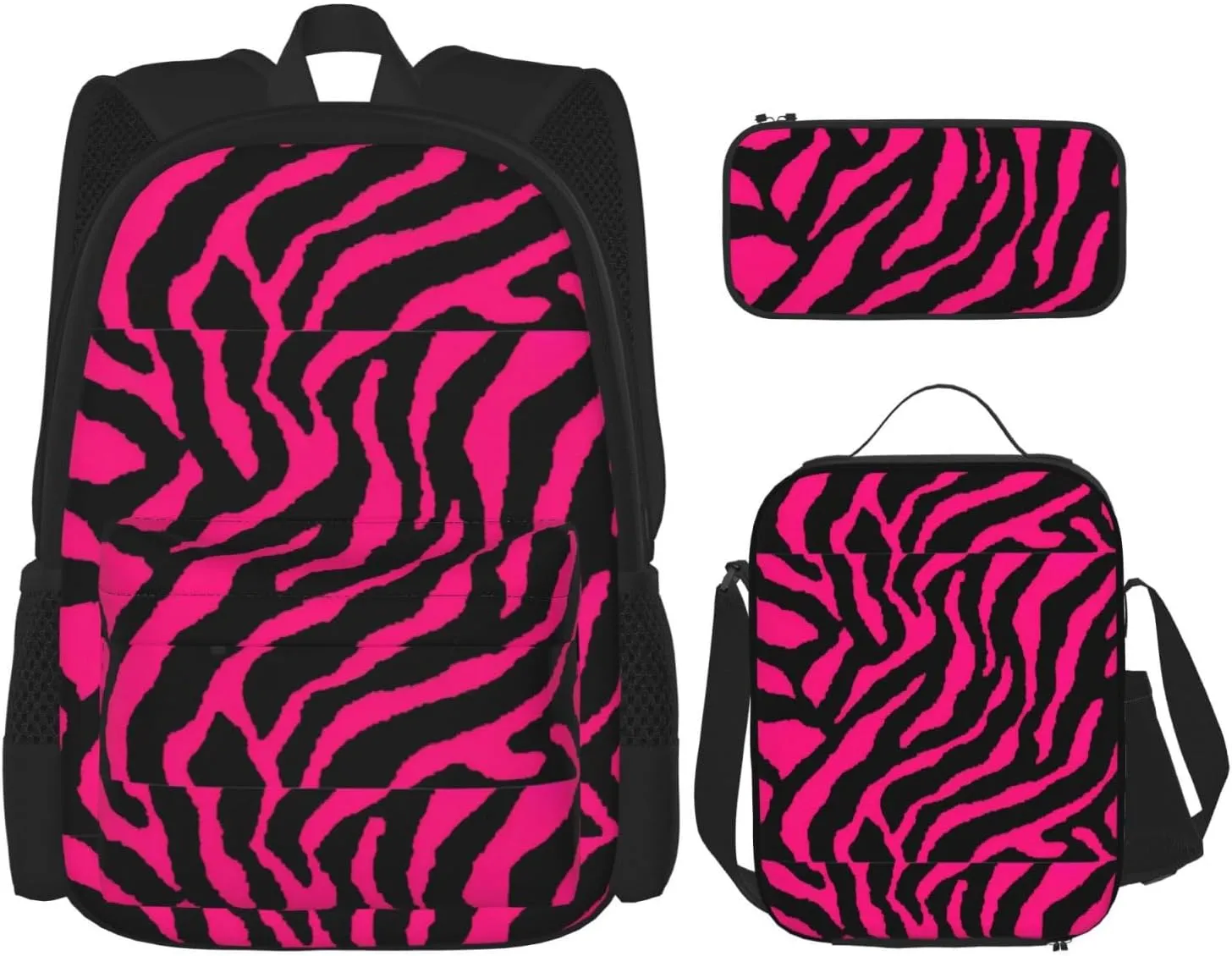 Zebra Tiger Leopard Pink Print Versatile Adjustable Shoulder Fashion Backpack Lunch Bag Pencil Case Large Capacity