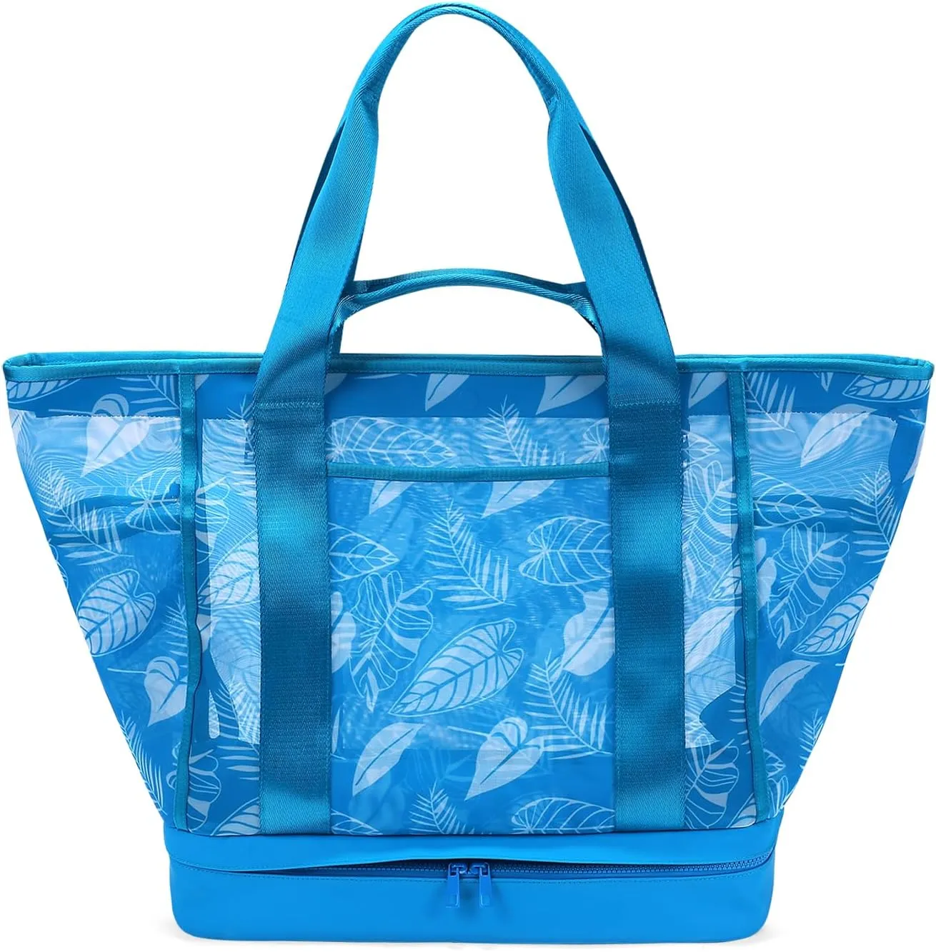 Zipper Closure Mesh Tote Bag with Separate Cooler, 4 Pockets and Small Pouch