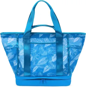 Zipper Closure Mesh Tote Bag with Separate Cooler, 4 Pockets and Small Pouch