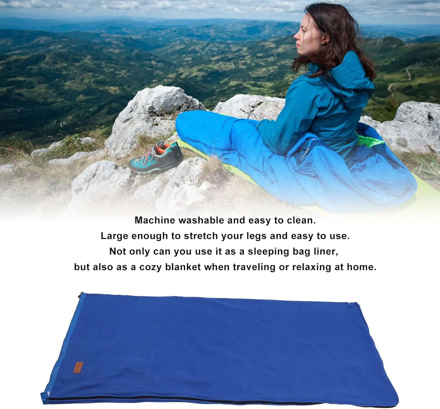 Zipper Fleece Sleeping Bag Liner Super Thick Soft Camping Travel Backpacking Jewel Blue 90 Inches Long for Outdoor Adventures