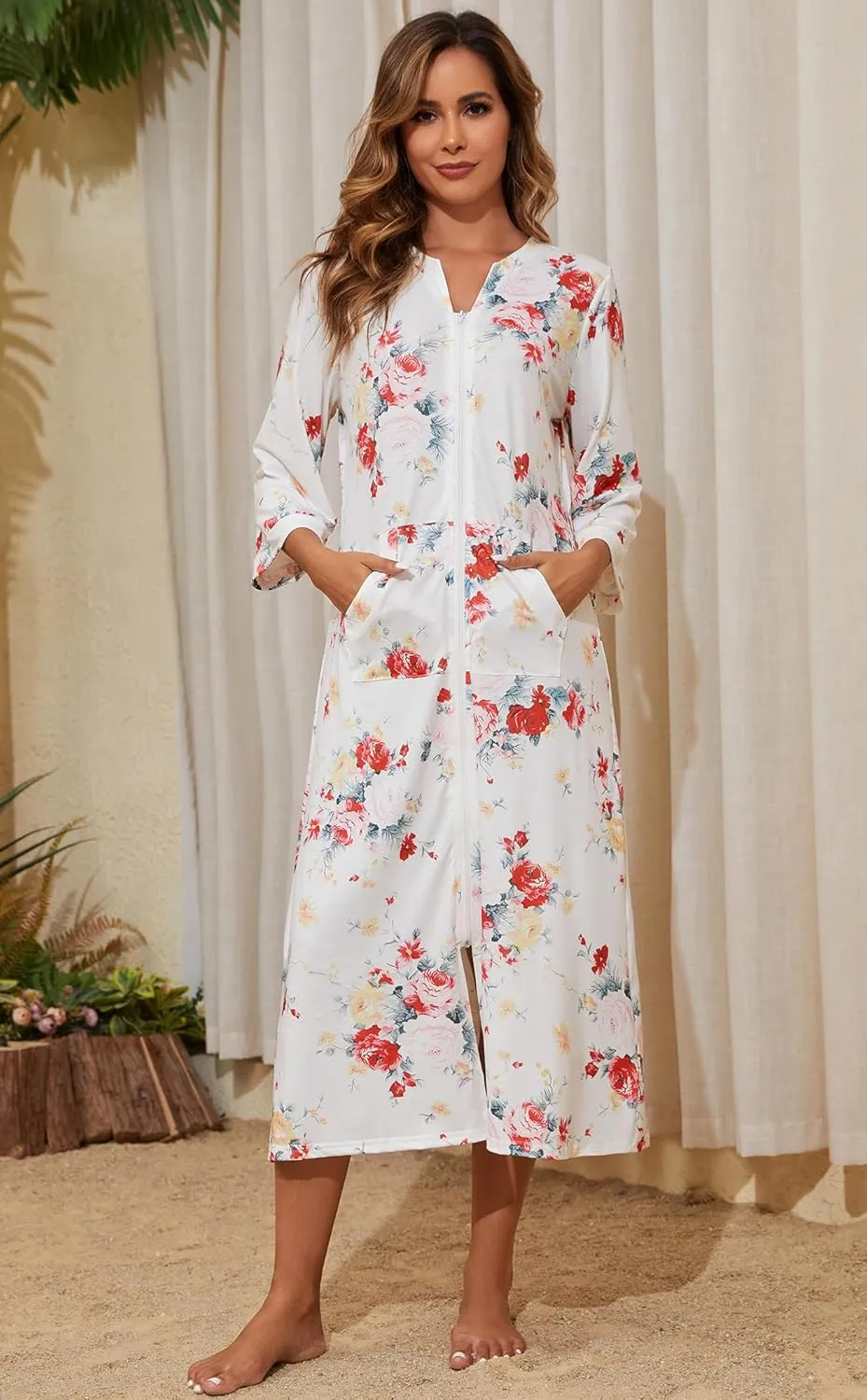 Zipper Robes for Women 3/4 Sleeve Housecoats Long Lightweight Bathrobe House Dress with Pockets