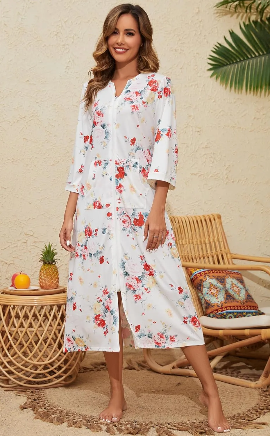 Zipper Robes for Women 3/4 Sleeve Housecoats Long Lightweight Bathrobe House Dress with Pockets