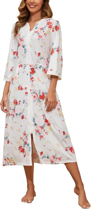 Zipper Robes for Women 3/4 Sleeve Housecoats Long Lightweight Bathrobe House Dress with Pockets
