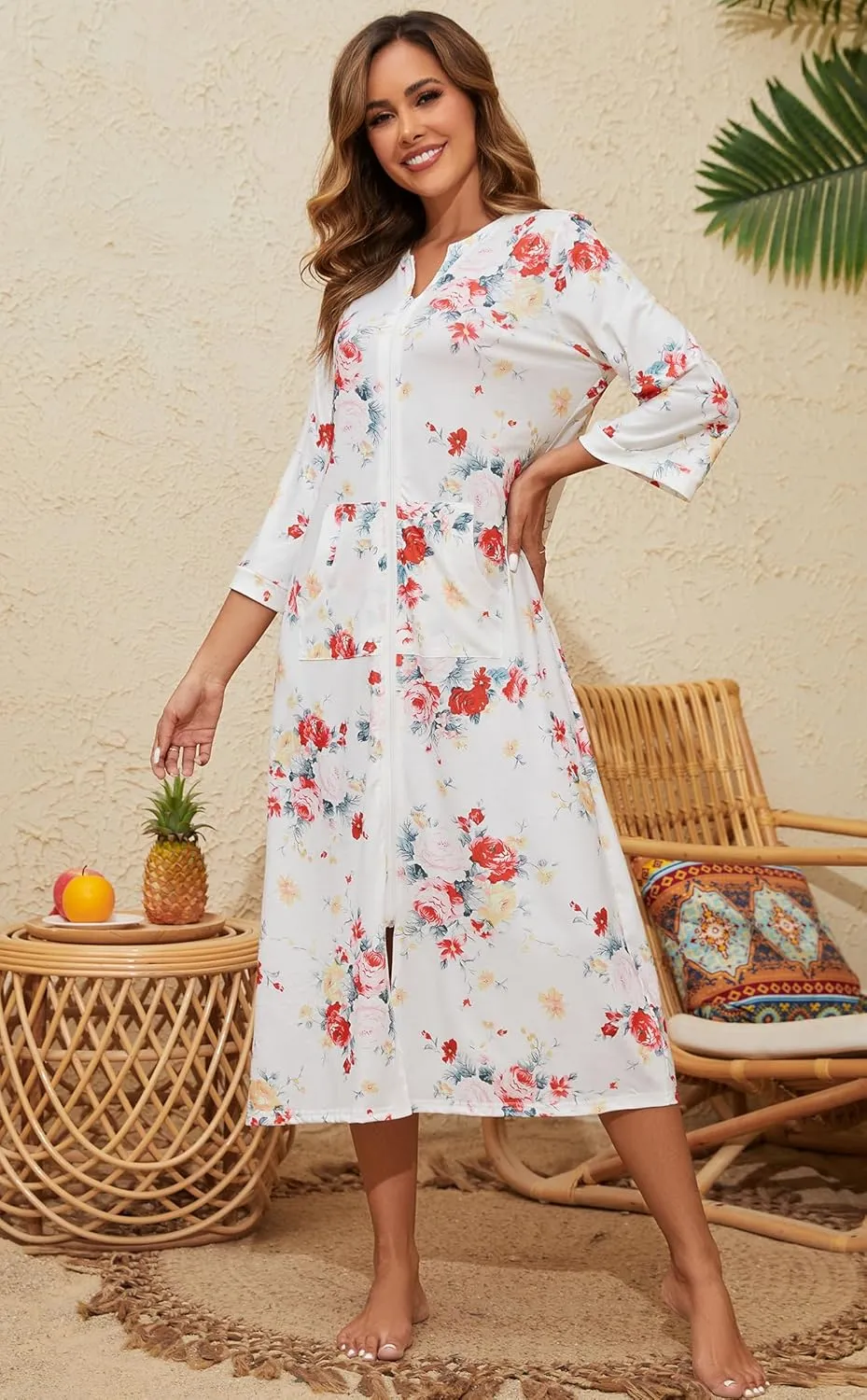 Zipper Robes for Women 3/4 Sleeve Housecoats Long Lightweight Bathrobe House Dress with Pockets